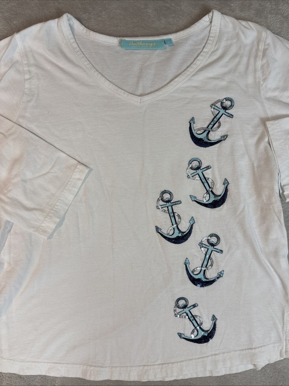 Anthony’s Resort Nautical Anchor Coastal Vacation Women’s Top Shirt Small Sequin
